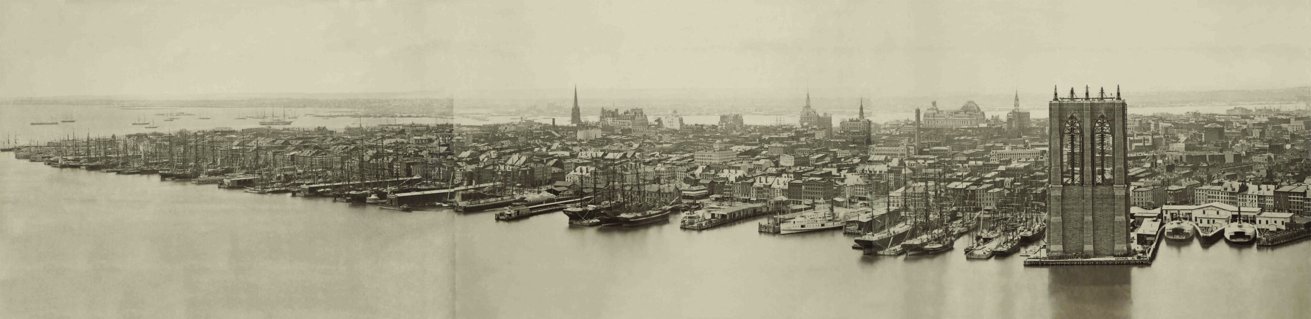 Panoramic view of Manhattan, showing Brooklyn Bridge under construction. Joshua Beal, 1876. New York Public Library.