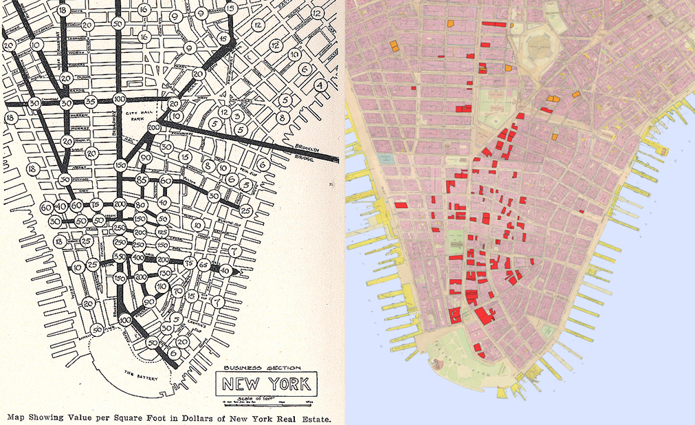 Left: Land Map of office buildings in 1900 from the Skyscraper Museum’s exhibition TEN & TALLER.
Right: Map showing land values in 1903, published in Richard M. Hurd’s Principles of City Land Values, 1908. Collection of The Skyscraper Museum.