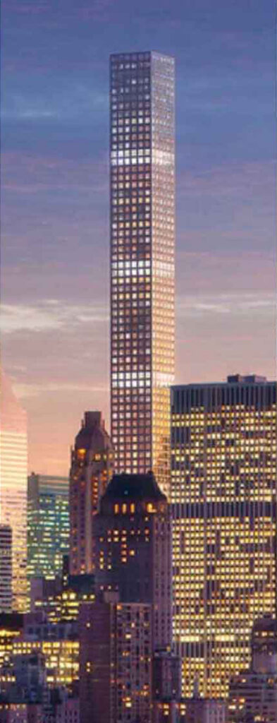 Aerial rendering of 432 Park Avenue in the Manhattan skyline
