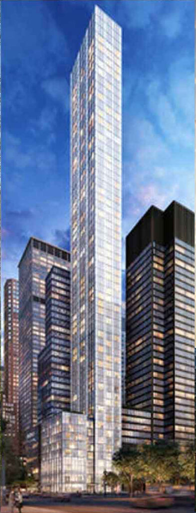 Aerial rendering of 100 E 53rd Street in the Manhattan skyline