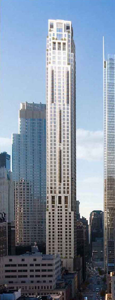 Aerial rendering of 30 Park Place in the Manhattan skyline