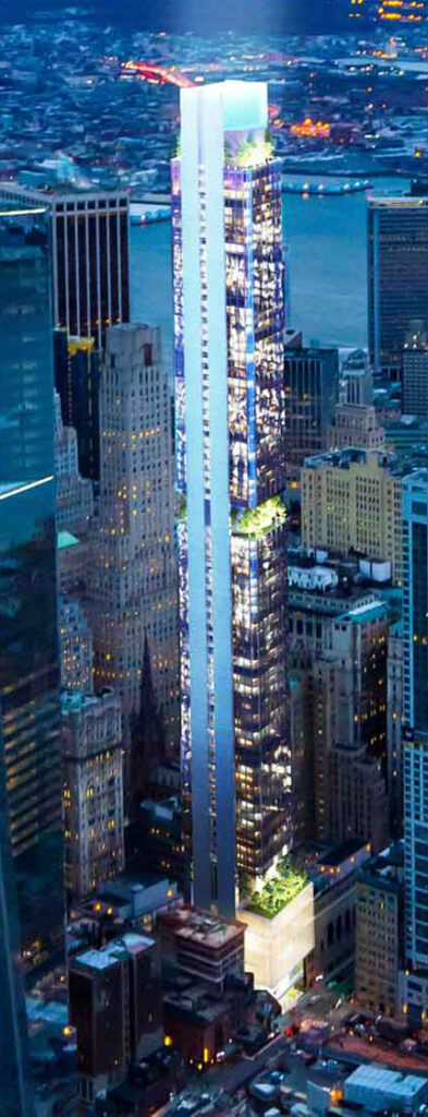 Aerial rendering of 125 Greenwich Street in the Manhattan skyline