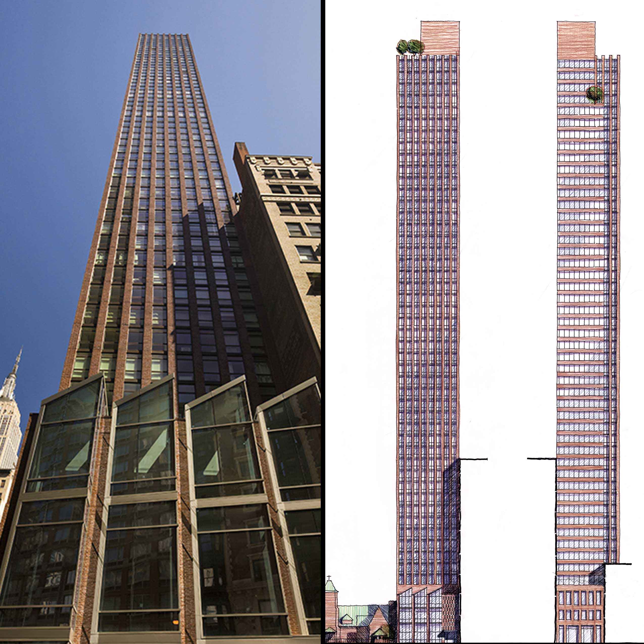 Left: Photograph by David Sundberg/ESTO. Right: Architect's sketch, FXFOWLE