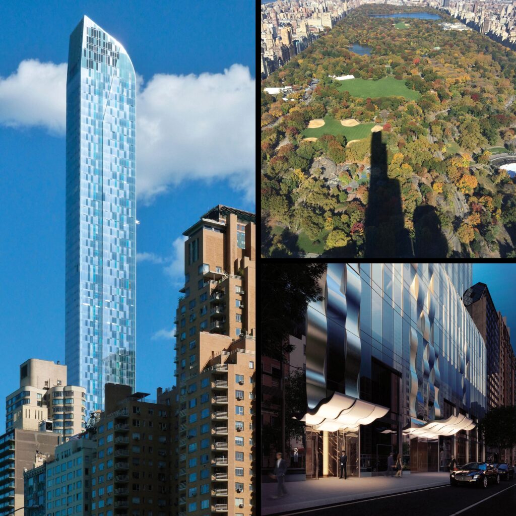 Photographs and renderings of the exterior of One57