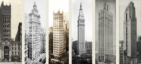 Left to right: Tower Building, Gillender Building, 1 Wall Street, Metropolitan Life Tower, World Tower & Bush Building.