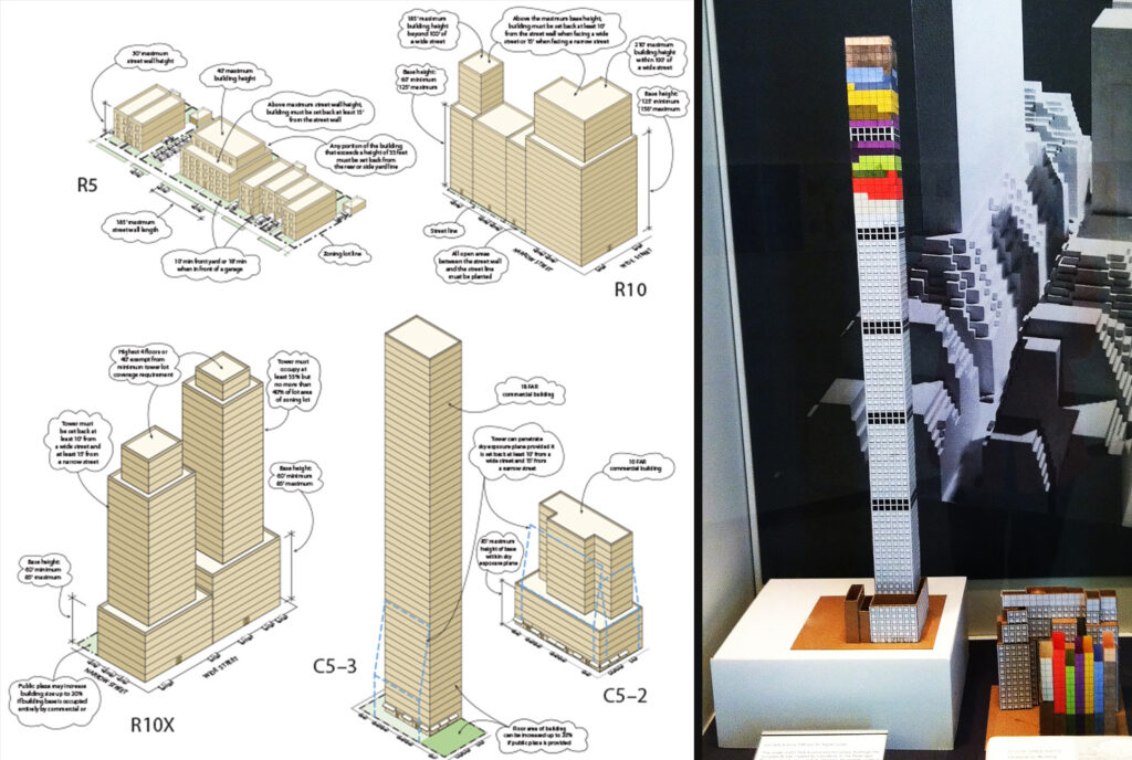 Left: The diagrams shown here, compiled from the current zoning primer, available on line on the website of the NYC Department of City Planning, illustrate several formulas for residential zones. Right: Installation shot of 432 Park air rights model. 