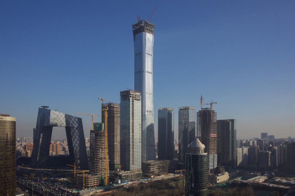 Construction view of the tower in the Beijing Central Business District. Courtesy of KPF