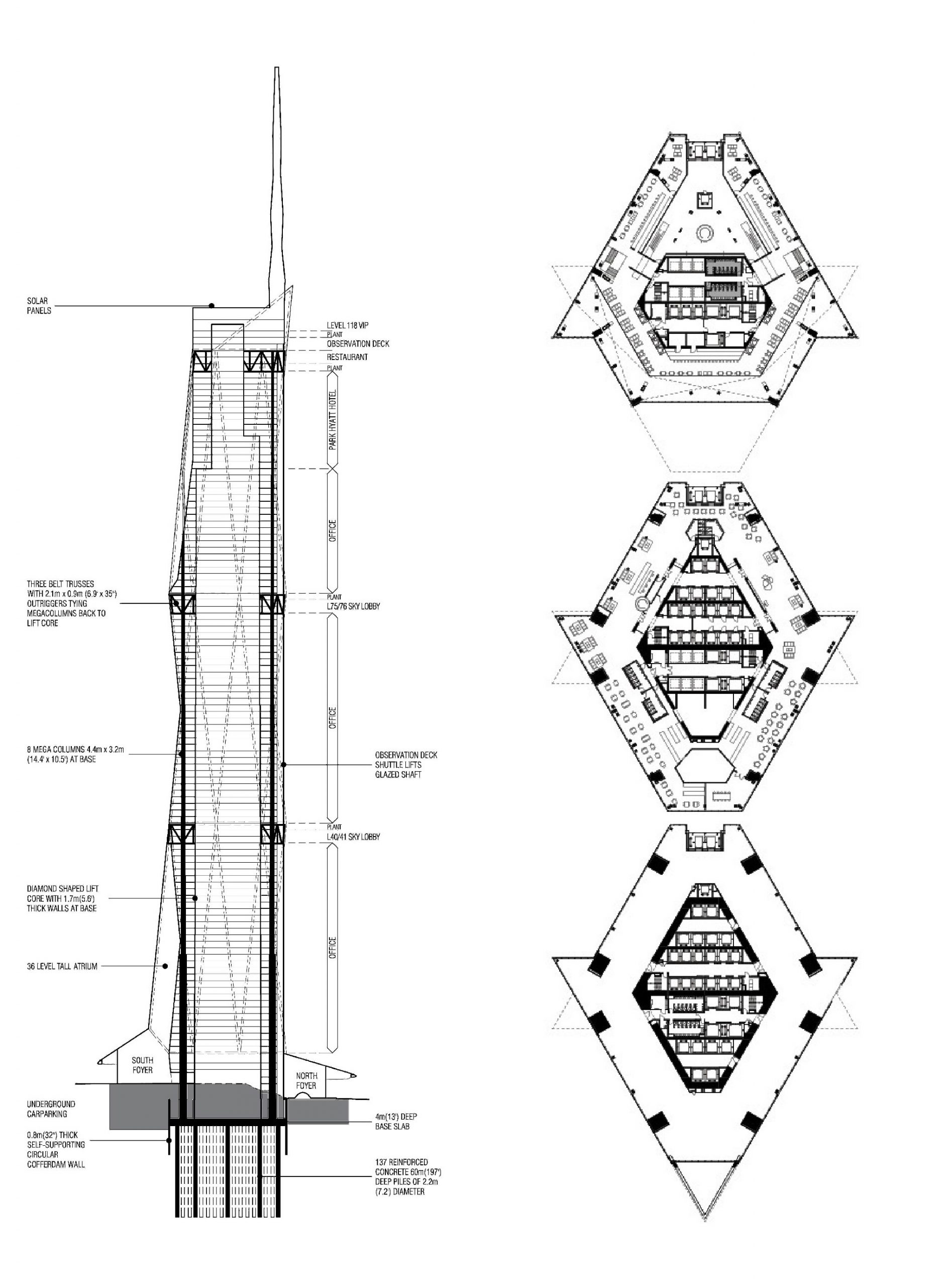 Floor plans and section. Fender Katsalidis Architects