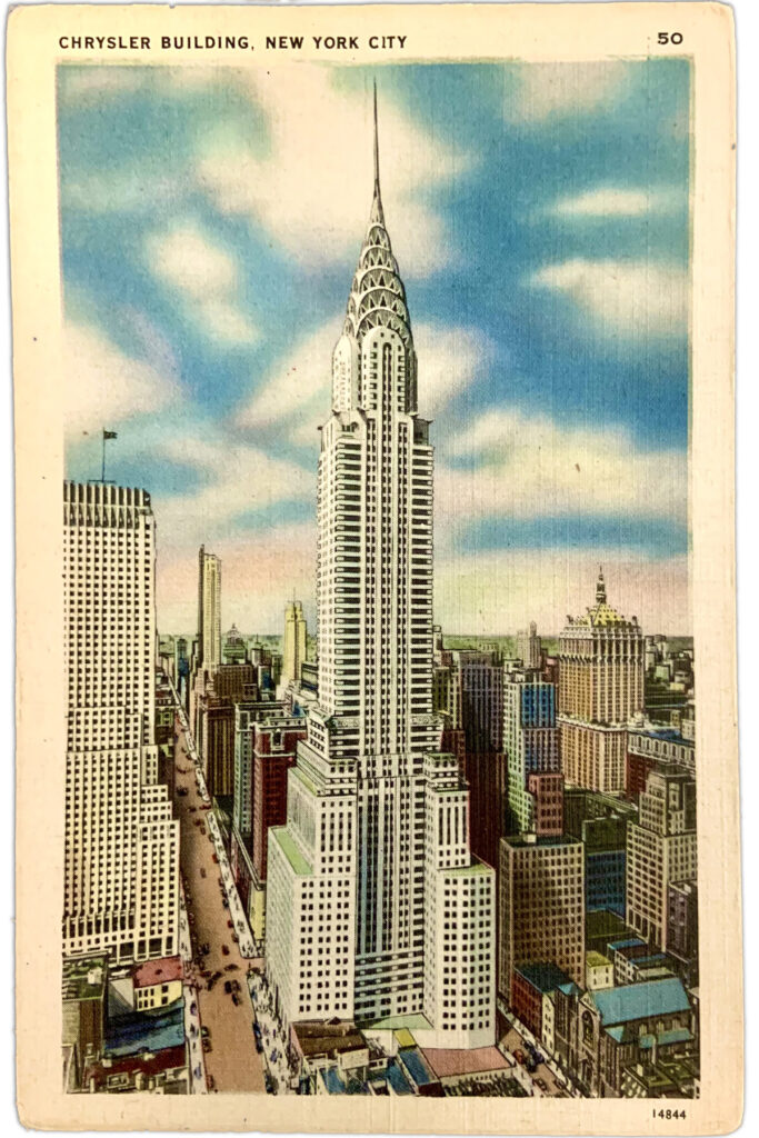 Postcard showing an aerial view of the Chrysler Building