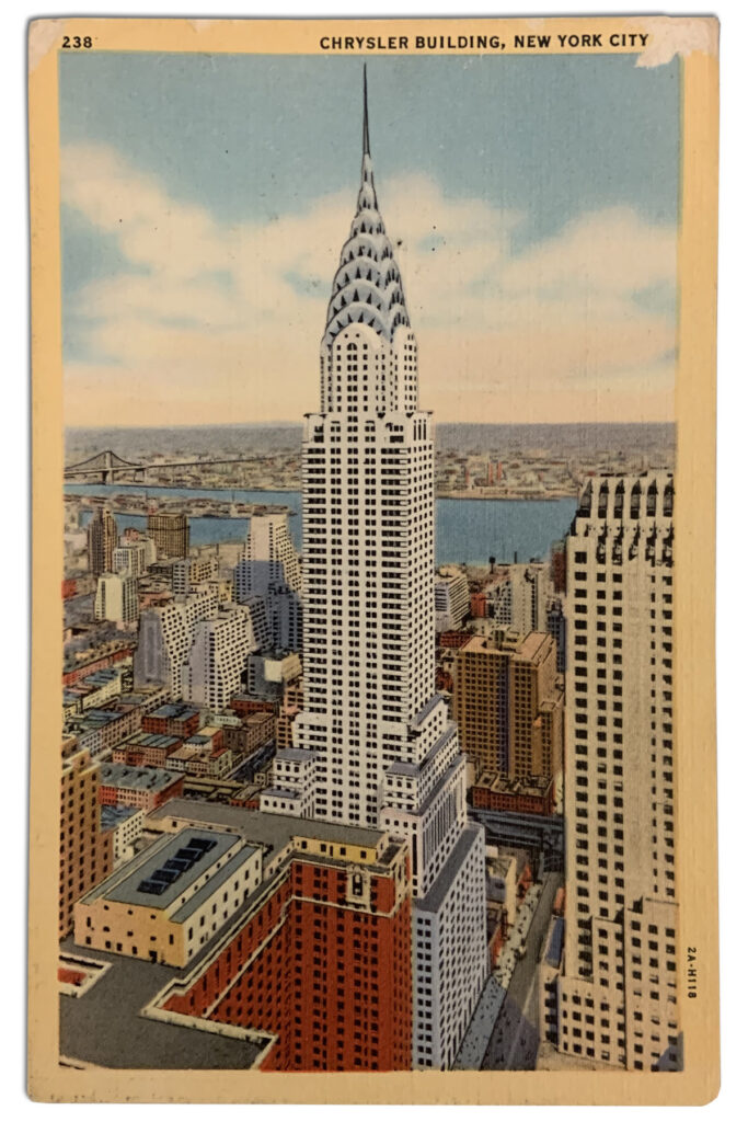 Postcard showing an aerial view of the Chrysler Building as seen from the Empire State Building