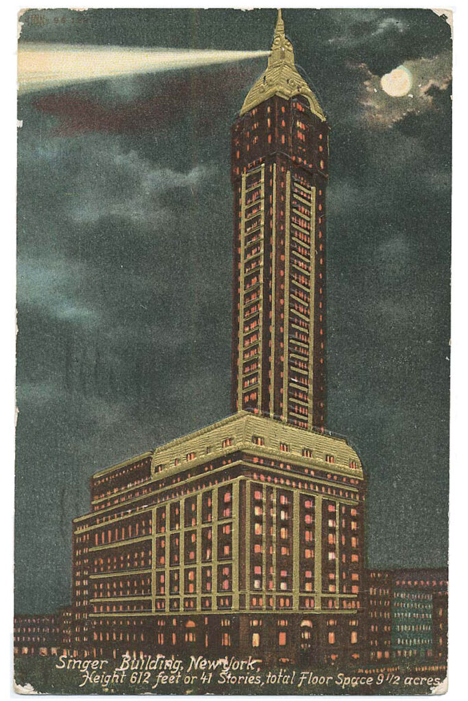 Postcard of Singer Building at night with beacon