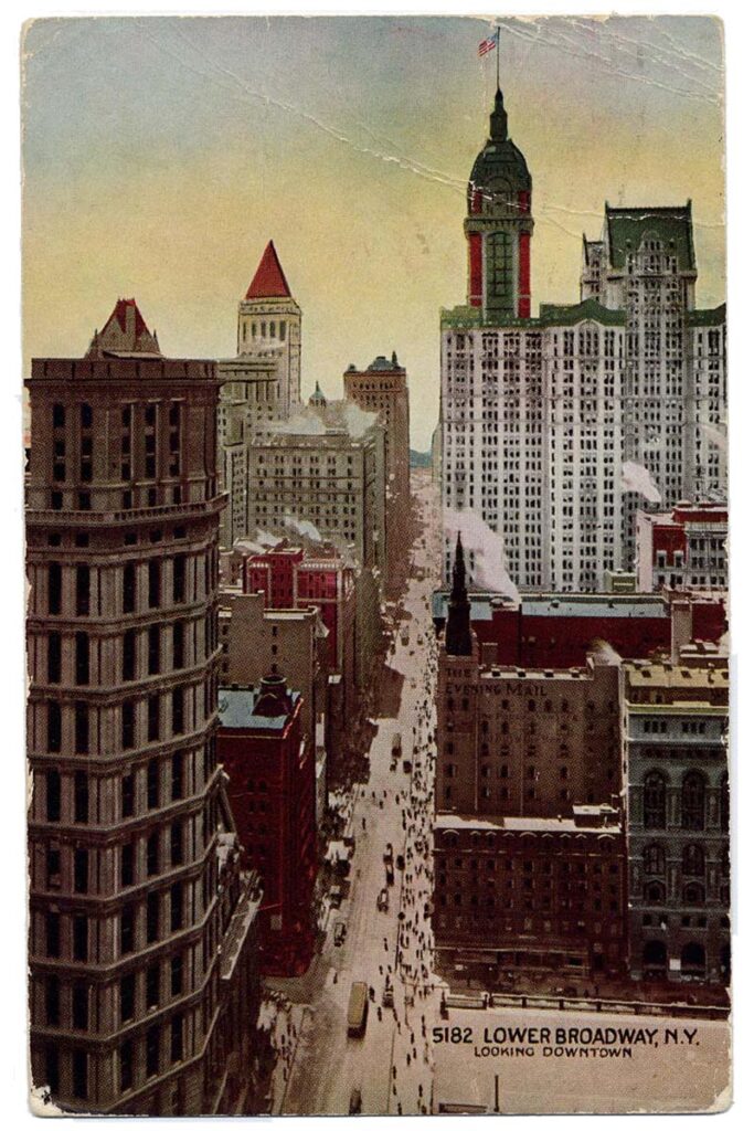 Postcard of Singer Building and the Lower Manhattan skyline