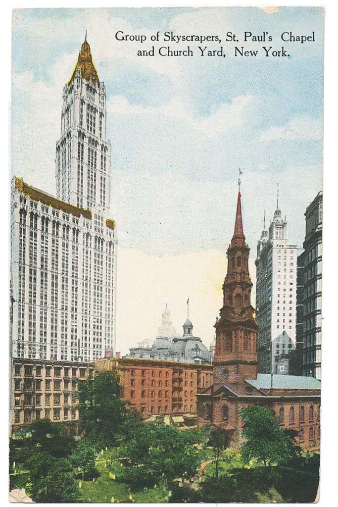 Postcard of the Wooolworth Building, St Paul's Chapel and Church Yard