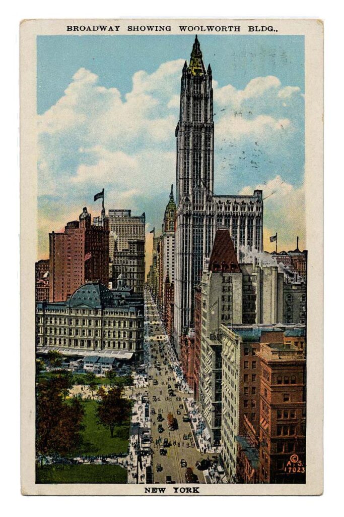 Postcard of the Wooolworth Building and Broadway