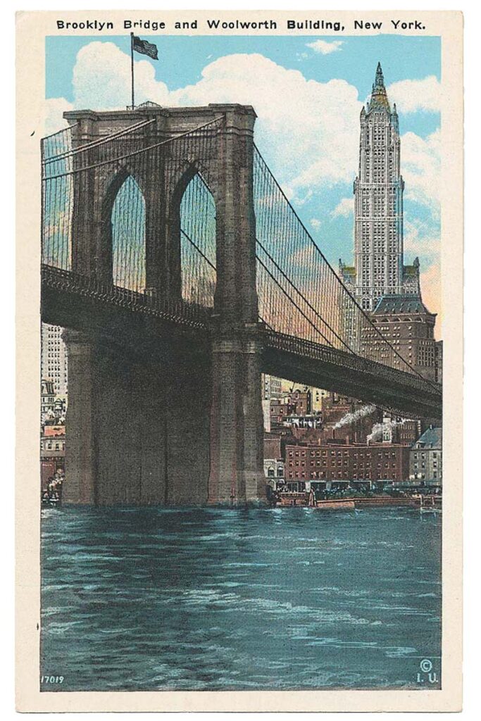 Postcard of the Wooolworth Building and the Brooklyn Bridge