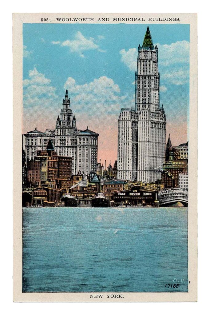 Postcard of the Wooolworth Building and the New York Skyline across the Hudson River