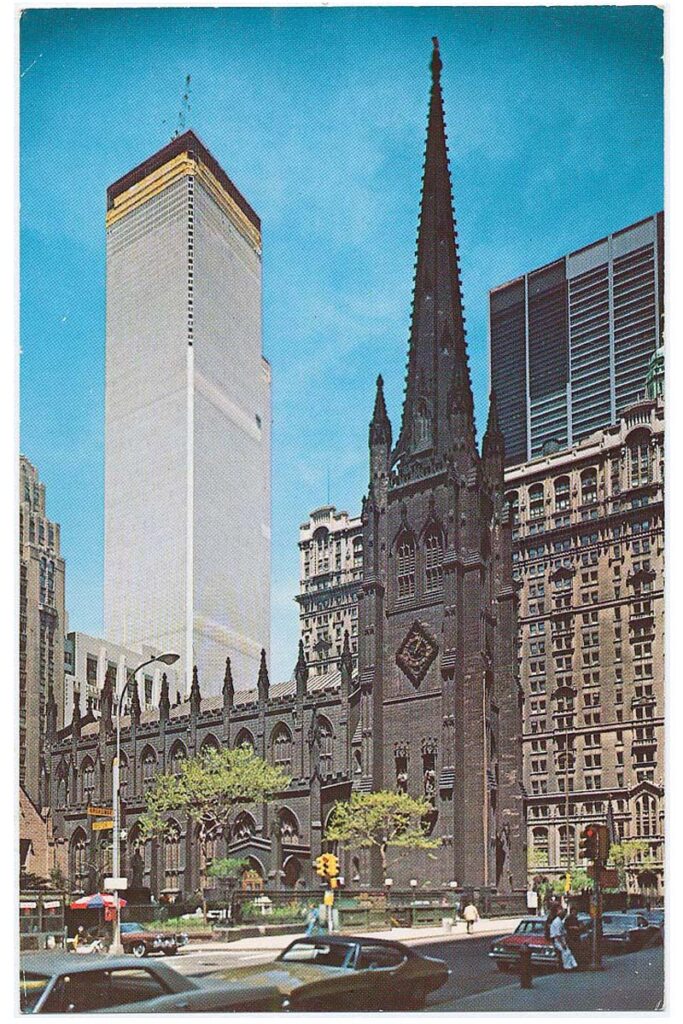 Postcard of the World Trade Center and Trinity Church