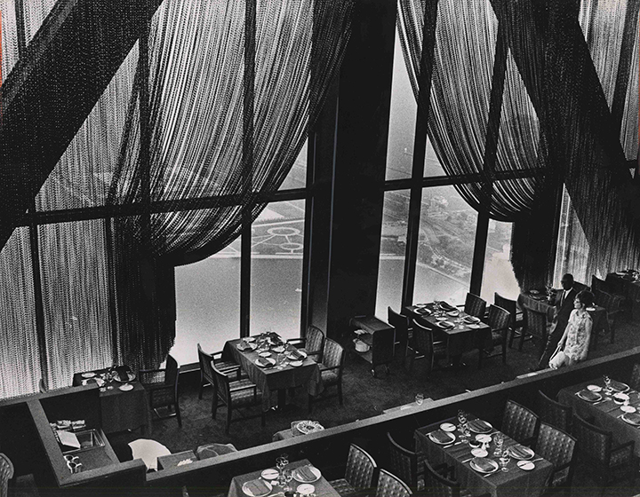 John-Hancock-2-new-small-for-web-from-site The view from the 95th floor restaurant in the John Hancock Building is through or around a draped curtain of chains to the east. Daily News, August 15, 1970, from the Collection of The Skyscraper Museum