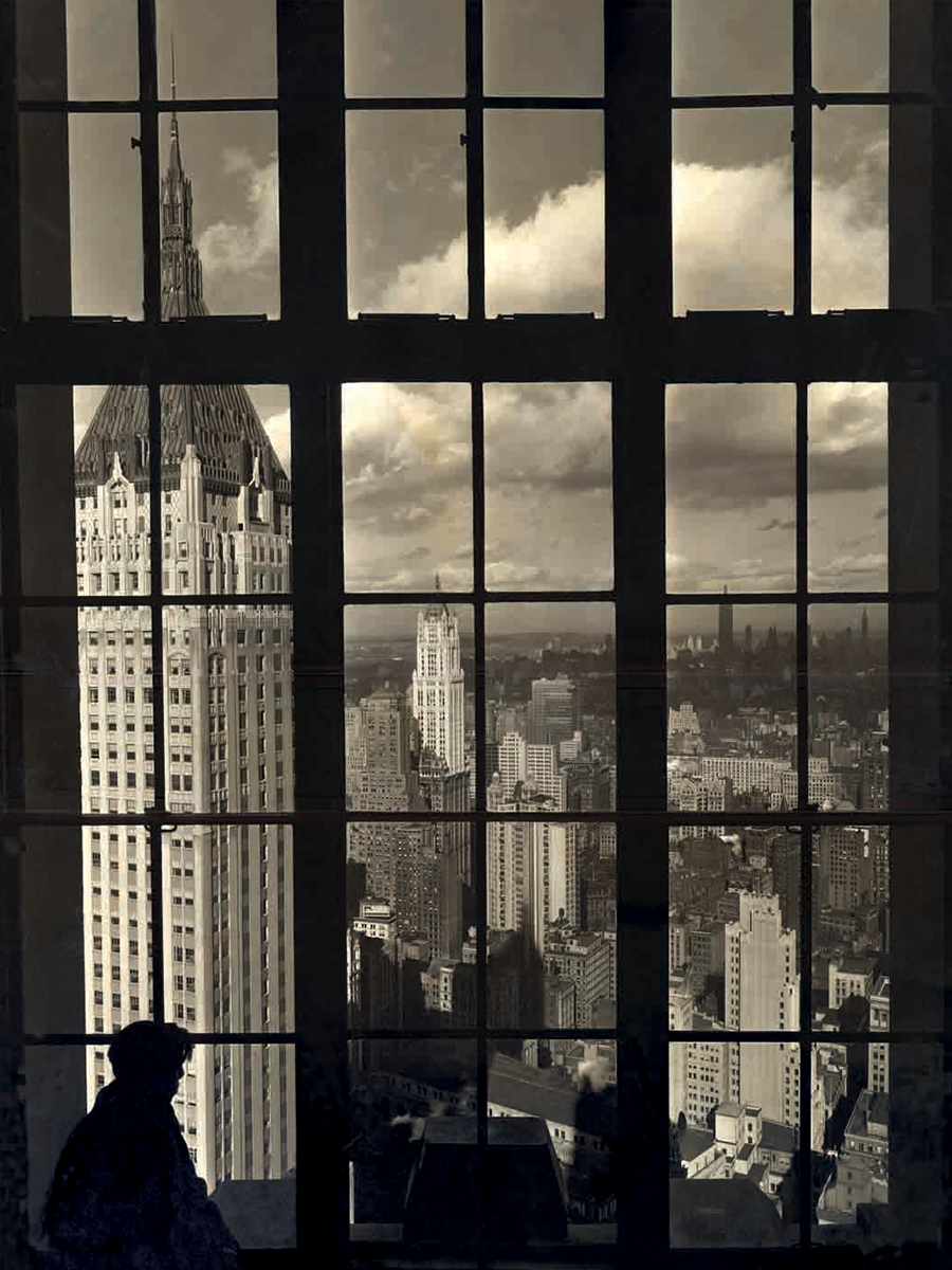 The photograph, taken from the board room of 63 Wall Street, c.1930, shows the top to the peaked tower of 40 Wall Street. Collection of The Skyscraper Museum.