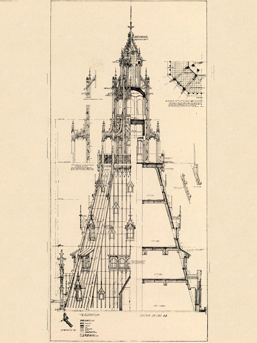 Woolworth Spire, Elevation and Section, reproduced from American Architect, March 26, 1913. Collection of The Skyscraper Museum, Gift of Andrew Alpern.