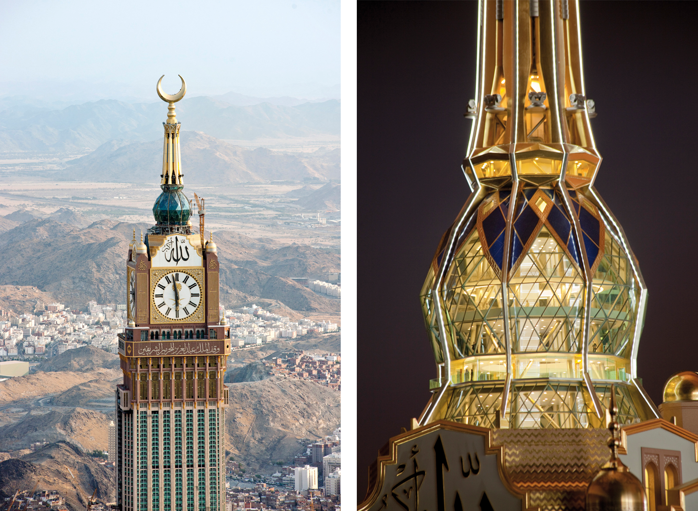 Left: photo detailing the upper section of the clock tower.  
Right: Model of the observatory and research center. Courtesy of SL Rasch          
