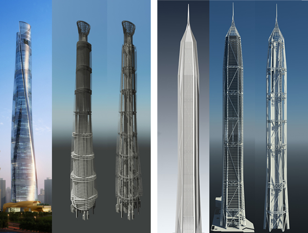 Structural renderings of Shanghai Tower and Ping An Finance Center. Courtesy of Thornton Tomasetti.