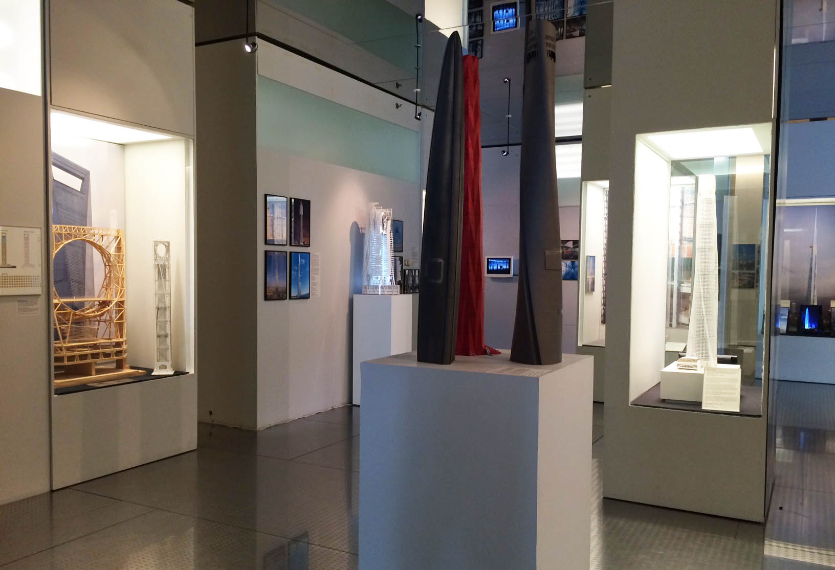 Aerolastic model of Shanghai Tower, Aerolastic model of Wuhan Greenland Center, Pressure tap model of Greenland Tower Chengdu. All models on loan from RWDI Consulting Engineers.