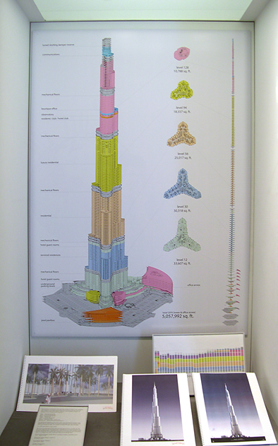 Case view of the program of Burj Khalifa. The case showcases a stacking diagram showing the changes in floorplan in elevation.