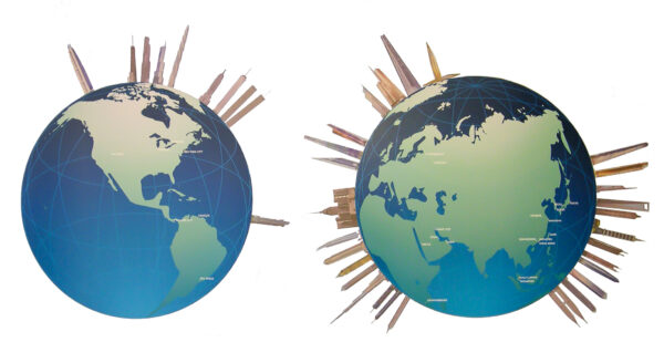 Graphic showing two Earth globes, one showing North America and another Asia. These globes represent a survey of supertall towers The Skyscraper Museum compiled for the 2007 exhibition World's Tallest Building: Burj Dubai.