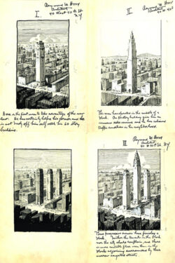 Sketches by Raymond Hood for "Tower City Aerial Perspective," I, II and III. Courtesy Architectural Archives, University of Pennsylvania.