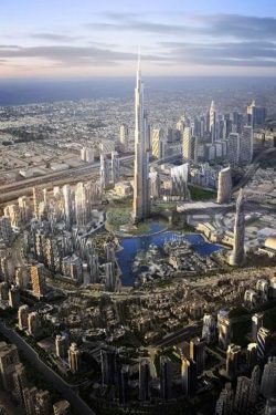 Skyline view of Dubai showing Burj Khalifa at its center