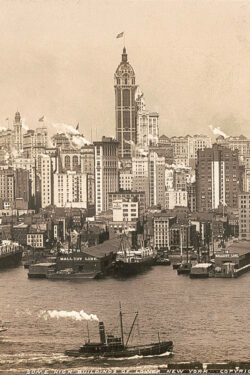 The Singer Building in the Lower Manhattan skyline. Photo taken in 1908 by A. Loeffler, Tompkinsville, N.Y.