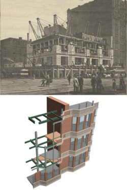 Top: "The New 'Times' Building, New York-Erection Of The New Structure Prior To The Removal Of Old One." Bottom: Digital model of structural analysis of the Tacoma Building, Chicago, Thomas Leslie.