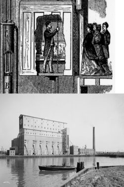 A composition of two images. The first image is a rendering of a section cut of an early elevator showing a vertical hydraulic engine. The second image shows Santa Fe Elevator, Damen and the Chicago River.