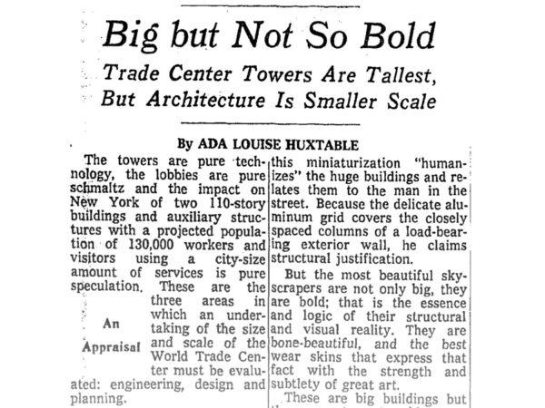 Capture of an article on the New York Times written by architecture critic Ada Louise Huxtable, titled "Big but Not So Bold"
