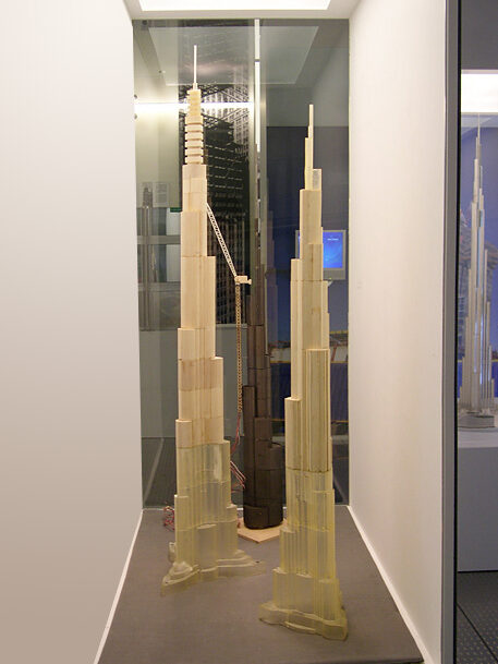 Case view of wind tunnel models of Burj Khalifa