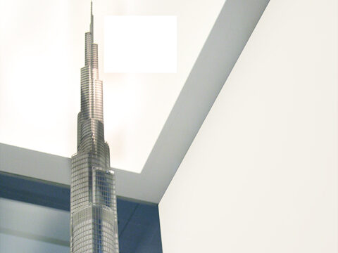 Closeup photograph of the spire of the Burj Khalifa presentation model