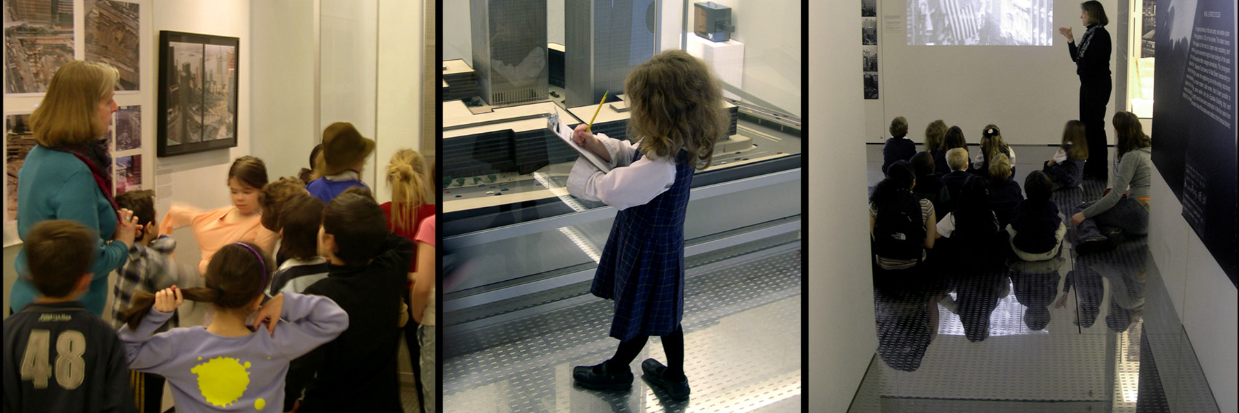 Photographs of school children participating in educational programs at The Skyscraper Museum