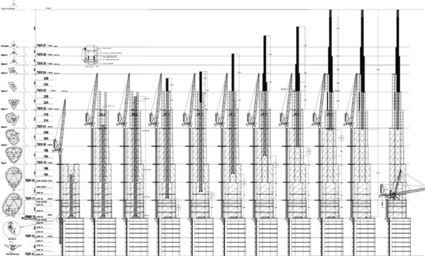 Drawing showing the sequential construction of the Burj Khalifa spire. Courtesy of Samsung C & T.