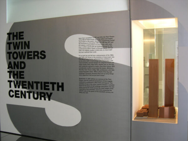Gallery view of exhibition with a wind tunnel model of the World Trade Center