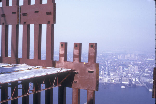 Photograph of erection of steel columns of the World Trade Center. Photo by Leslie E. Robertson