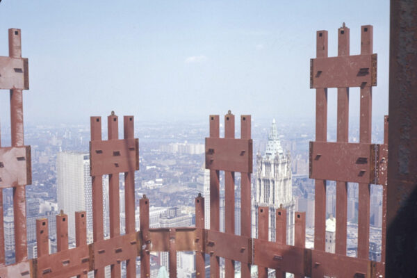 Photograph of erection of steel columns of the World Trade Center. Photo by Leslie E. Robertson
