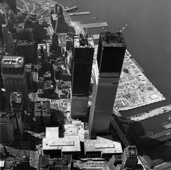 Aerial view of the World Trade Center under construction
