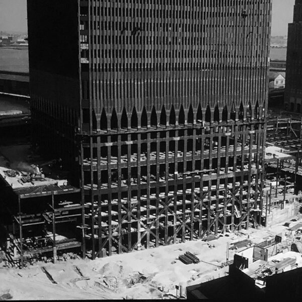 Photograph of the lower section of the North Tower under construction