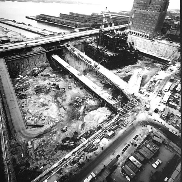 Aerial photograph of the World Trade Center bathtub and a ramp leading to West Street