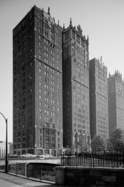 Perspective view of main elevations of Windsor Tower and Tudor Tower of the Tudor City Complex. Photographed after 1933 by Historic American Buildings Survey (HABS)