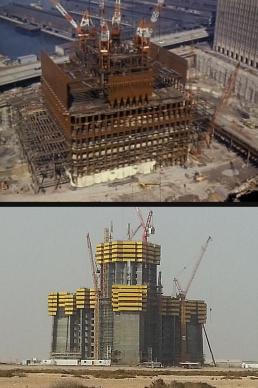 Construction view of the World Trade Center (top) and Jeddah Tower (bottom)