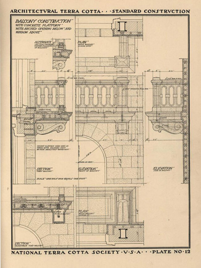 Terra cotta facade of a Balcony Construction PLATE NO. 12 from Architectural terra cotta: standard construction, 1914. By the National Terra Cotta Society