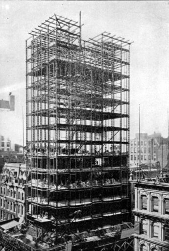 Reliance Building, State and Washington Sts., Chicago.  Burnham and Root/D.H. Burnham & Co., 1891-1895.  Construction view showing steel framing.