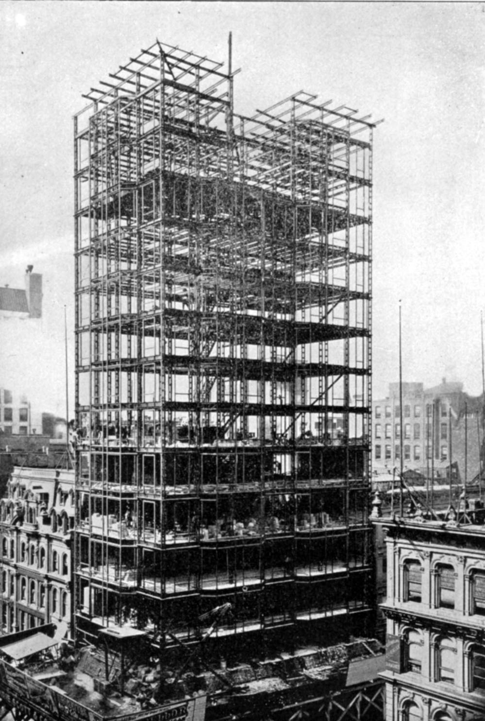 Reliance Building, State and Washington Sts.,
              Chicago. Burnham and Root/D.H. Burnham & Co.,
              1891-1895. Construction view showing steel framing.